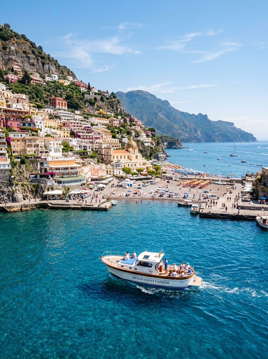 Beautiful Mediterranean coastal town with a ferry boat